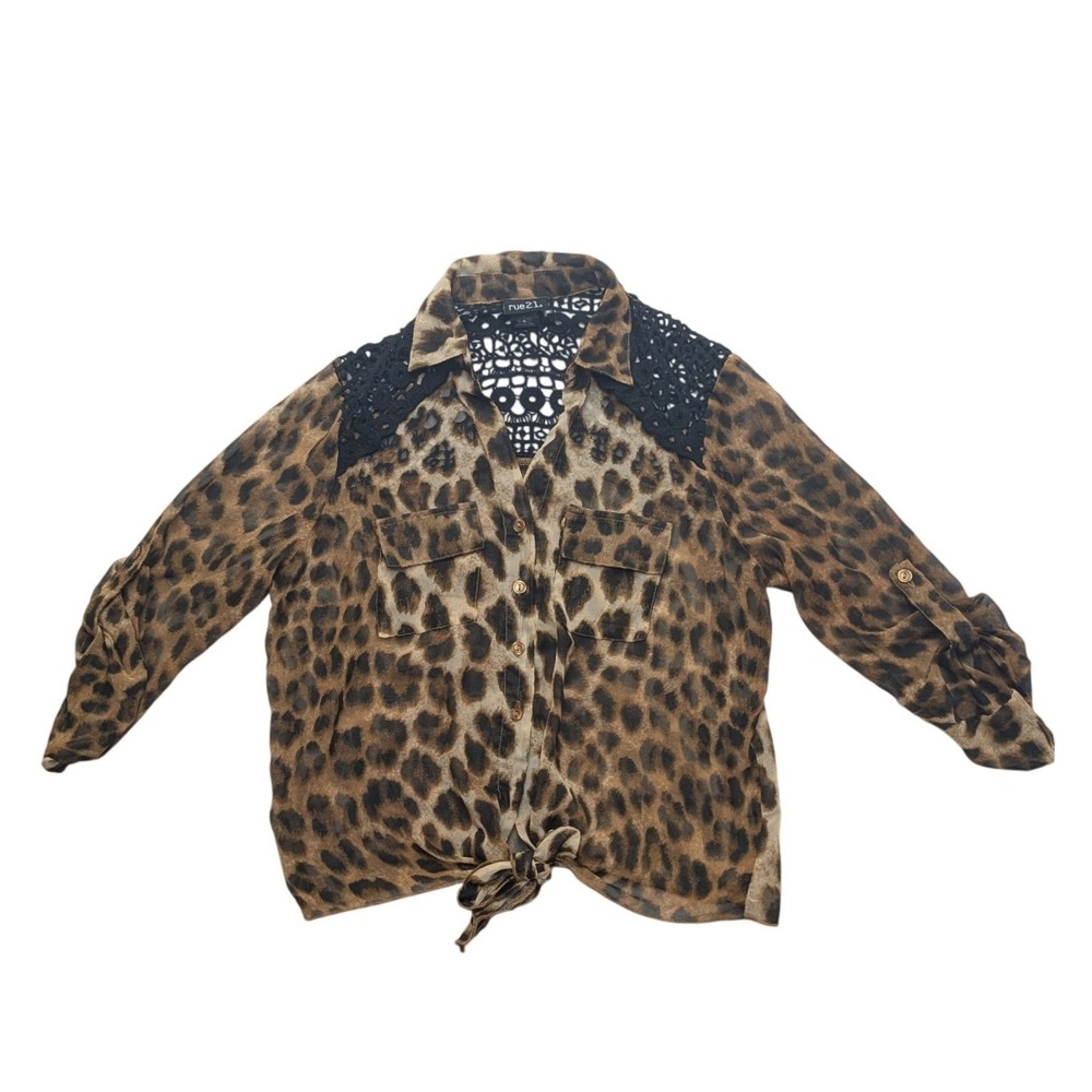 rue21 Leopard Print Button Up Shirt Womens Medium Brown Crochet Lace Tie Front